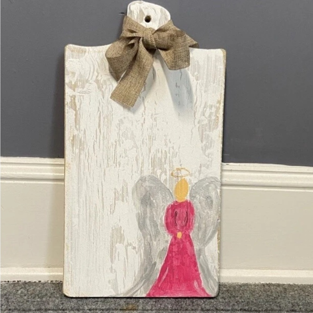 Angel Wood Cutting Board Handmade Primitive Celestial Rustic White Pink Wall Art